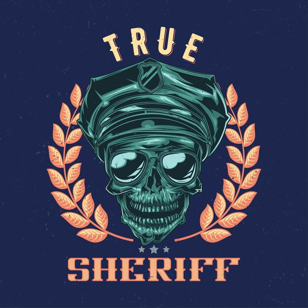 Diseño de etiqueta de camiseta con ilustración de calavera con gorro de policía y gafas de sol