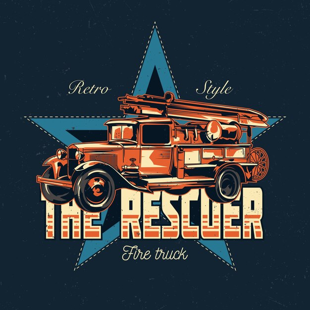 Diseño de etiqueta de camiseta con ilustración de camión de bomberos vintage.
