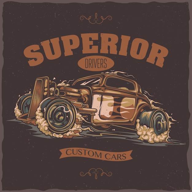 Diseño de etiqueta de camiseta con ilustración de coche hotrod.