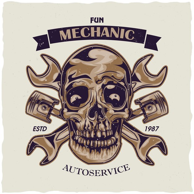 Diseño de etiqueta de camiseta con ilustración de cráneo mecánico.