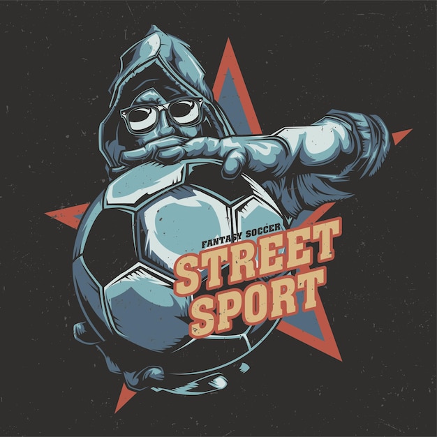 Diseño de etiqueta de camiseta con ilustración del jugador de fútbol que sostiene el balón