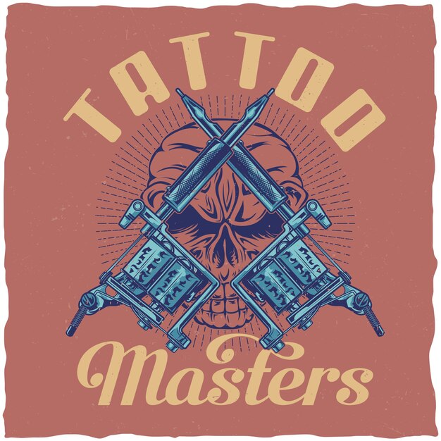 Diseño de etiqueta de camiseta con ilustración de máquinas de tatuaje.
