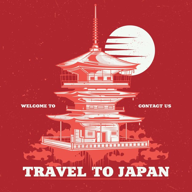 Diseño de etiqueta de camiseta con ilustración de templo japonés.