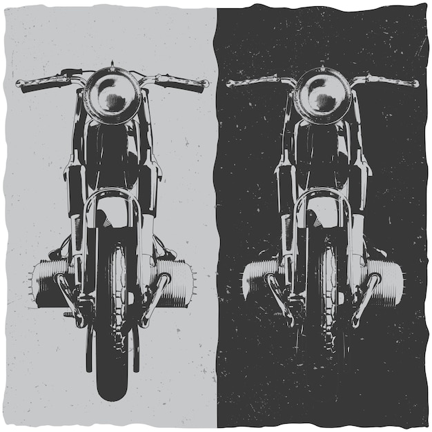 Diseño de etiqueta de camiseta de motocicleta con ilustración de motocicleta clásica.