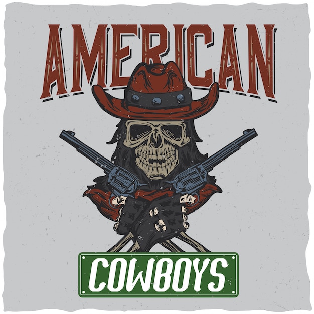 Diseño de etiqueta de camiseta de vaquero con ilustración de calavera en el sombrero con dos pistolas en las manos.