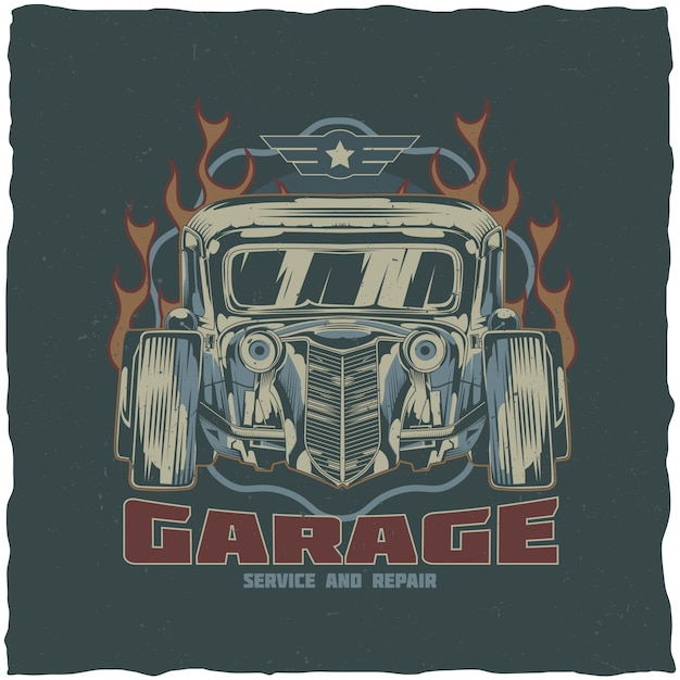 Diseño de etiqueta de camiseta vintage hot rod con ilustración de coche de velocidad personalizado. dibujado a mano ilustración.