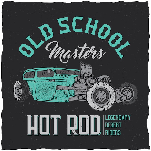 Diseño de etiqueta de camiseta vintage hot rod con ilustración de coche de velocidad personalizado. dibujado a mano ilustración.