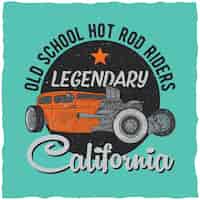 Vector gratuito diseño de etiqueta de camiseta vintage hot rod con ilustración de coche de velocidad personalizado.