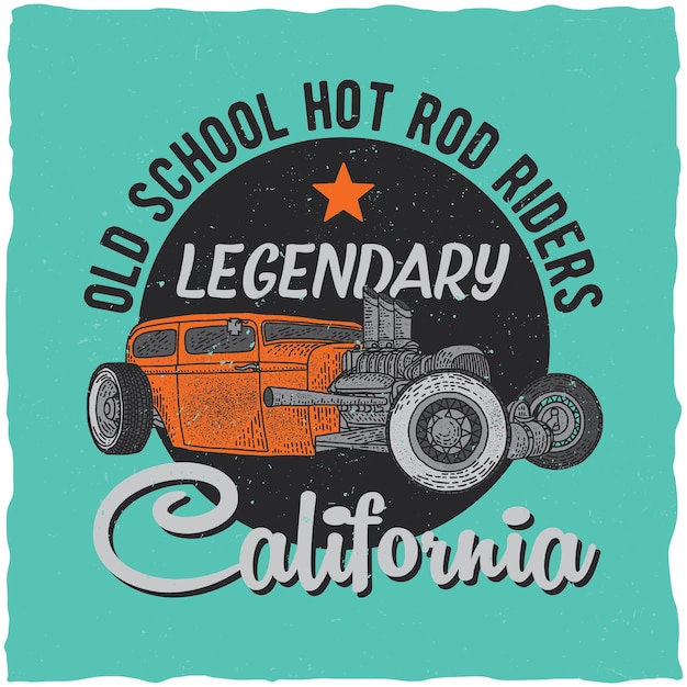 Vector gratuito diseño de etiqueta de camiseta vintage hot rod con ilustración de coche de velocidad personalizado.