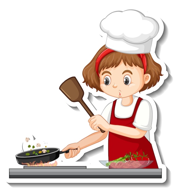 Vector gratuito diseño de etiqueta con chica chef cocinando personaje de dibujos animados de comida