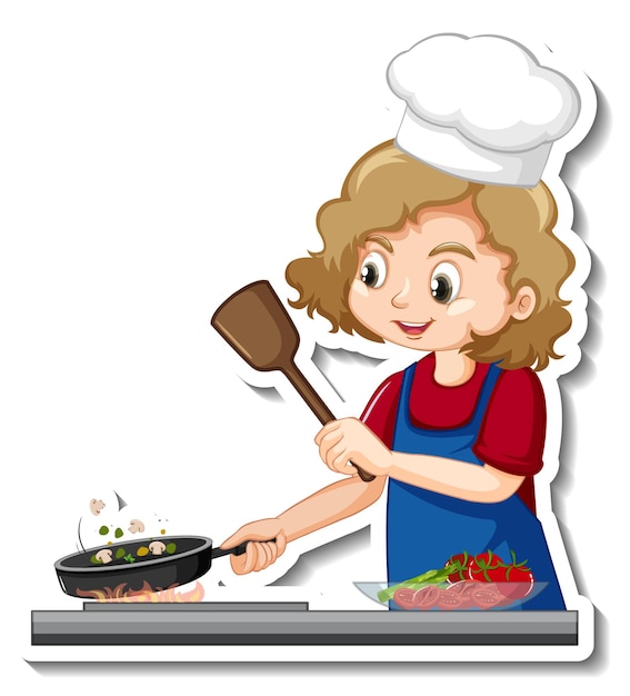 Diseño de etiqueta con chica chef cocinando personaje de dibujos animados de comida