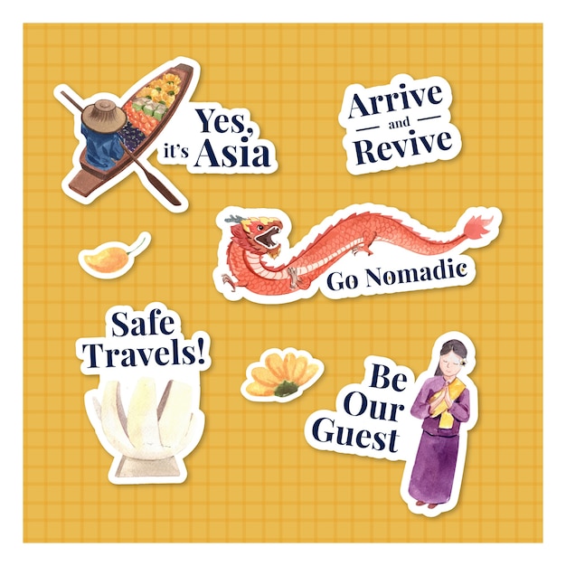 Diseño de etiqueta con el concepto de viaje de asia para la ilustración de vector de acuarela aislado de dibujos animados de personaje