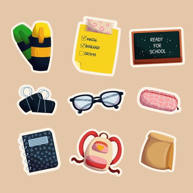Diseño de etiqueta escolar de diseño plano