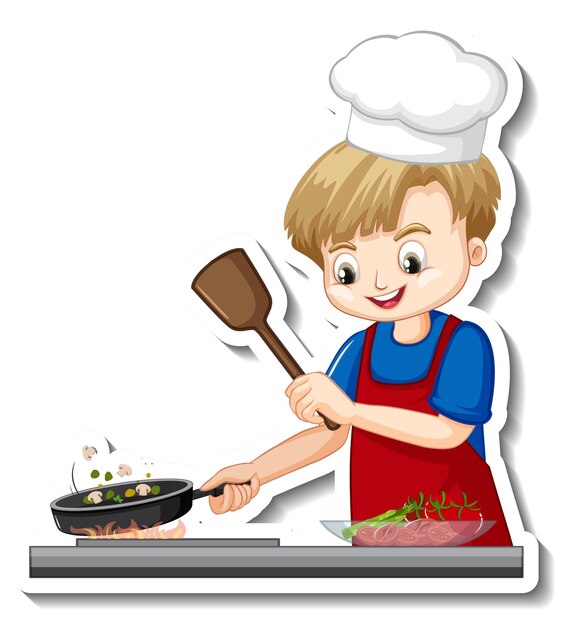 Diseño de etiqueta con niño chef cocinando personaje de dibujos animados de comida