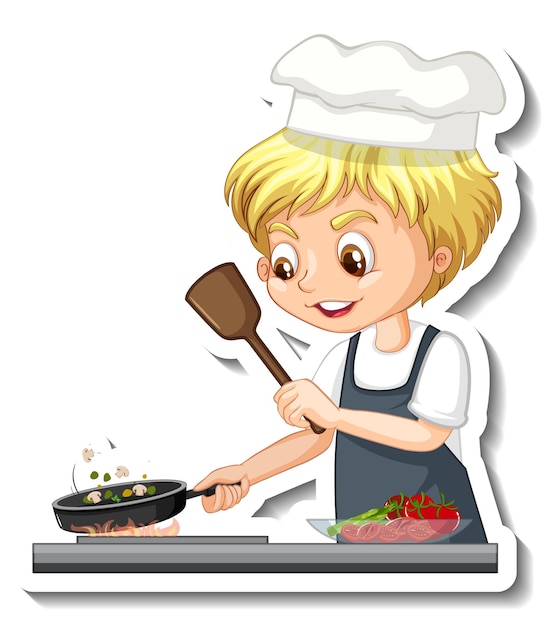 Diseño de etiqueta con niño chef cocinando personaje de dibujos animados de comida