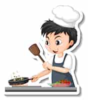 Vector gratuito diseño de etiqueta con niño chef cocinando personaje de dibujos animados de comida