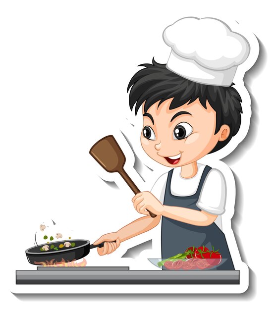 Diseño de etiqueta con niño chef cocinando personaje de dibujos animados de comida