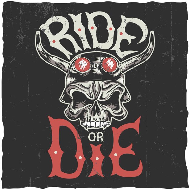 Diseño de etiqueta de paseo o muerte con cráneo enojado dibujado a mano en la ilustración de casco de motocicleta