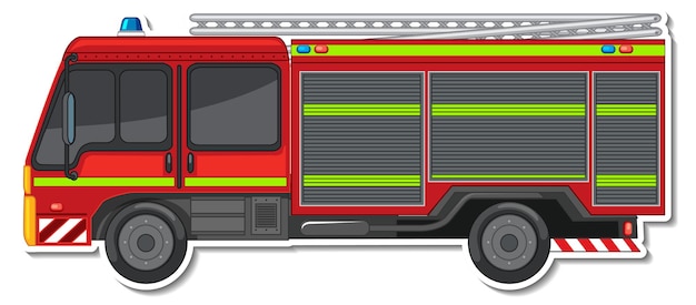 Vector gratuito diseño de etiqueta con vista lateral del camión de bomberos aislado.