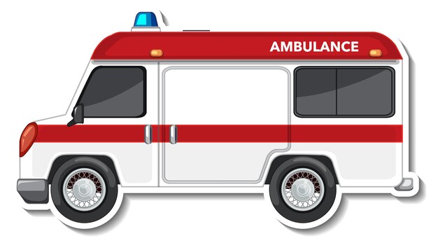 Diseño de etiqueta con vista lateral del coche ambulancia aislado