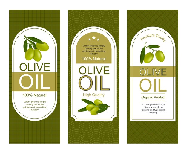 Diseño de etiquetas de aceite de oliva natural de alta calidad conjunto aislado ilustración vectorial realista