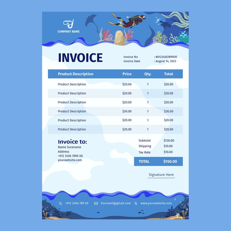 Vector gratuito diseño de factura de buceo dibujado a mano
