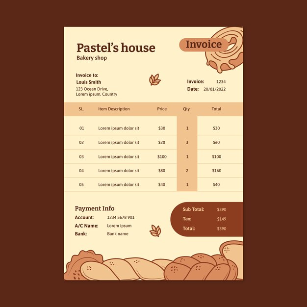 Diseño de factura de panadería dibujada a mano