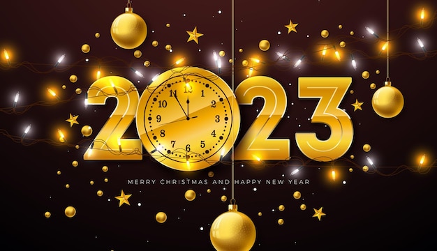 Diseño de feliz año nuevo 2023 con reloj de número dorado y bola de cristal ornamental en guirnalda de iluminación