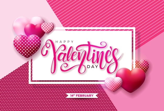 Diseño de feliz día de san valentín con corazón rojo y blanco y letra de tipografía sobre fondo rosa