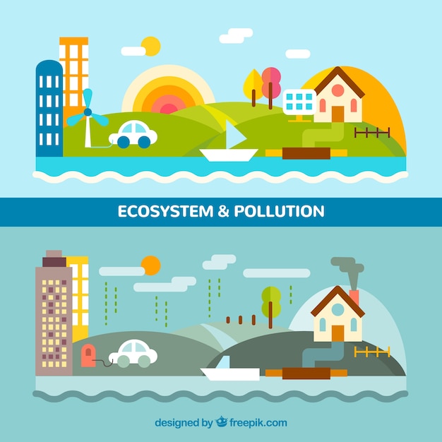 Diseño flat del ecosistema y contaminación