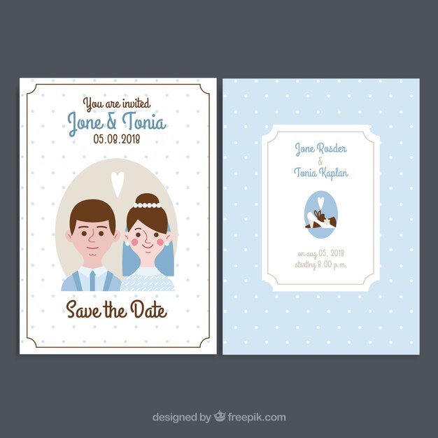 Diseño flat de invitación de boda con pareja