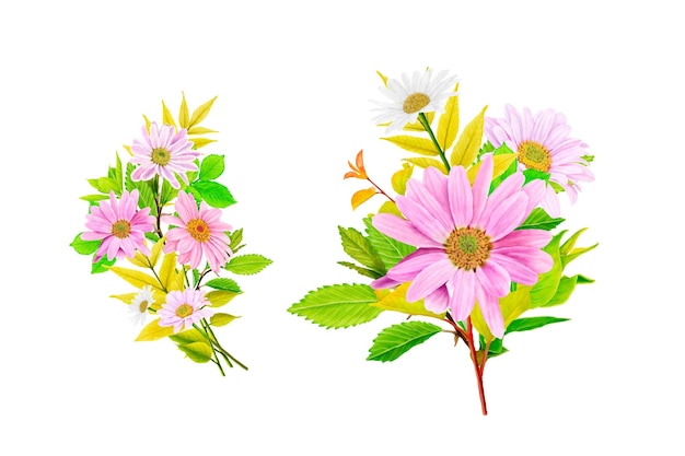 Diseño floral de ramo y ramas de margaritas.