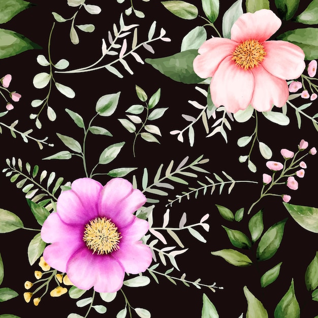 Diseño de flores y hojas de acuarela de patrones sin fisuras