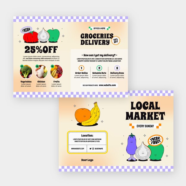 Diseño de folleto de mercado local dibujado a mano.