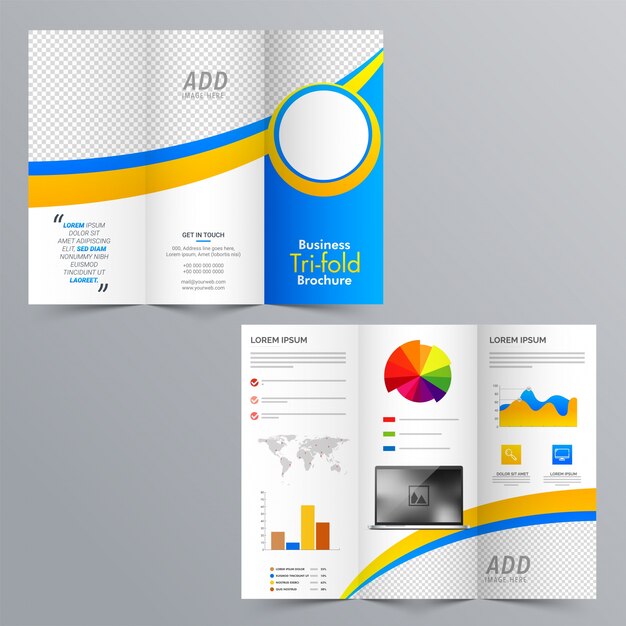 Diseño de folleto Tri-Fold empresarial con elementos infográficos estadísticos y espacio para sus imágenes.