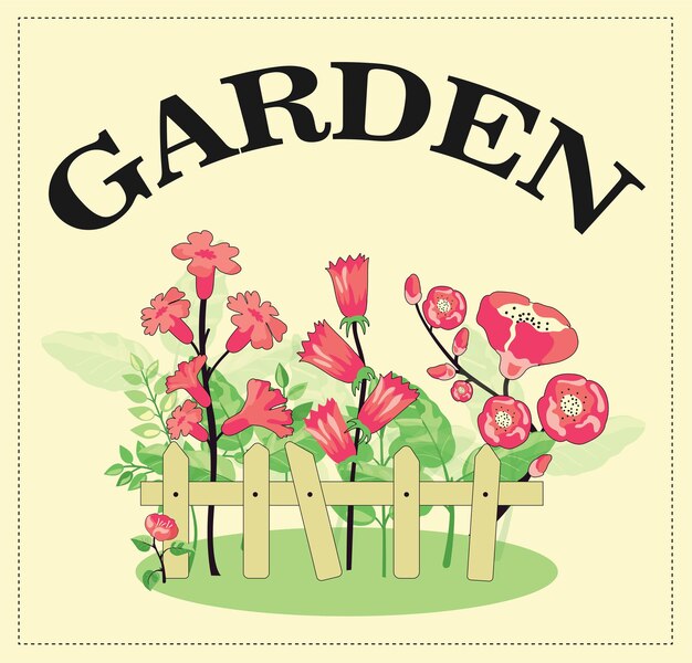 Diseño de fondo colorido con flores detrás de la valla. Hermosas plantas de jardín en crecimiento.
