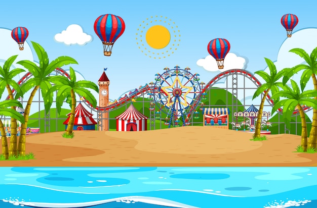 Diseño de fondo de escena con circo en la playa