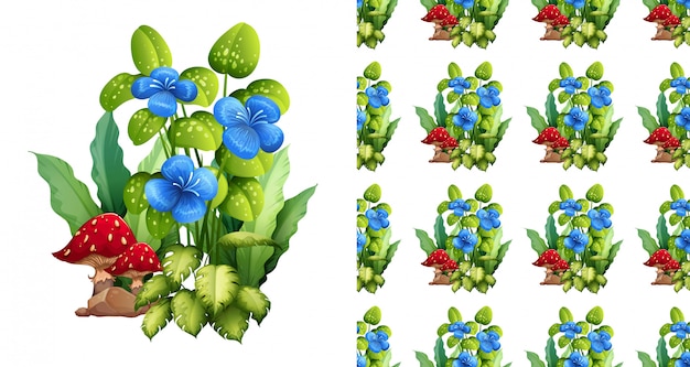 Diseño de fondo transparente con flores azules y setas