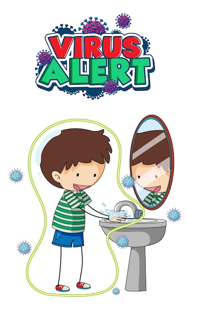 Vector gratuito diseño de fuente de alerta de virus con un niño lavándose las manos sobre fondo blanco.