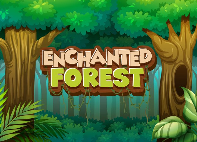 Diseño de fuente para bosque encantado de palabra con fondo de bosque
