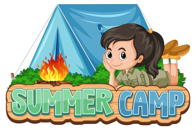 Vector gratuito diseño de fuente para campamento de verano con niño lindo en el parque