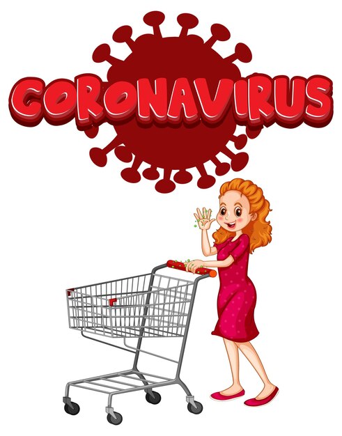 Diseño de fuente de coronavirus con una mujer de pie junto a un carrito de compras aislado sobre fondo blanco.