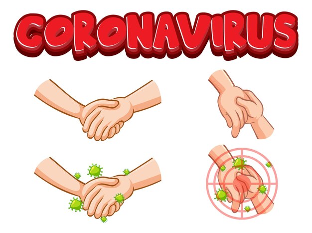 Diseño de fuente de coronavirus con propagación de virus al estrechar las manos sobre fondo blanco