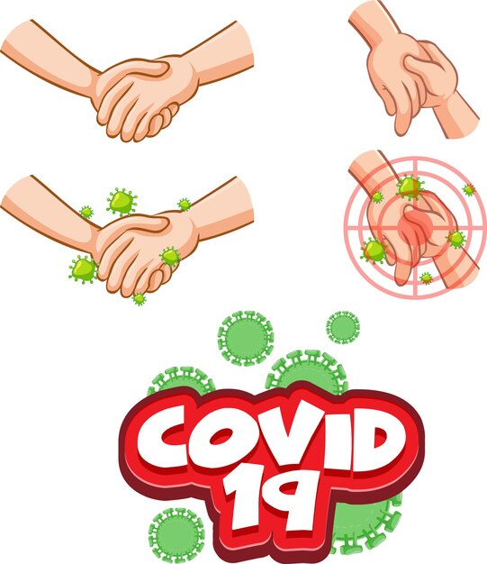Diseño de fuente Covid-19 con propagación de virus de un apretón de manos sobre fondo blanco.
