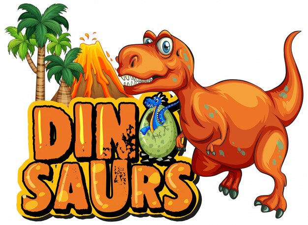 Diseño de fuente para dinosaurios de palabras con t-rex y volcano