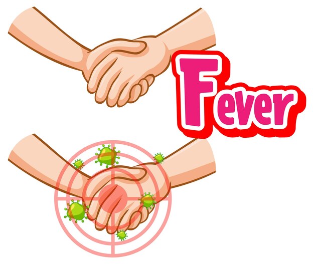 Diseño de fuente de fiebre con virus que se propaga al estrechar la mano sobre fondo blanco.