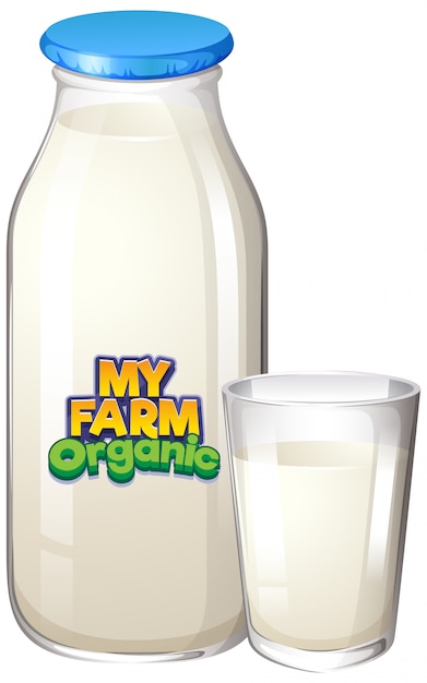 Diseño de fuente con leche fresca en botella y vaso
