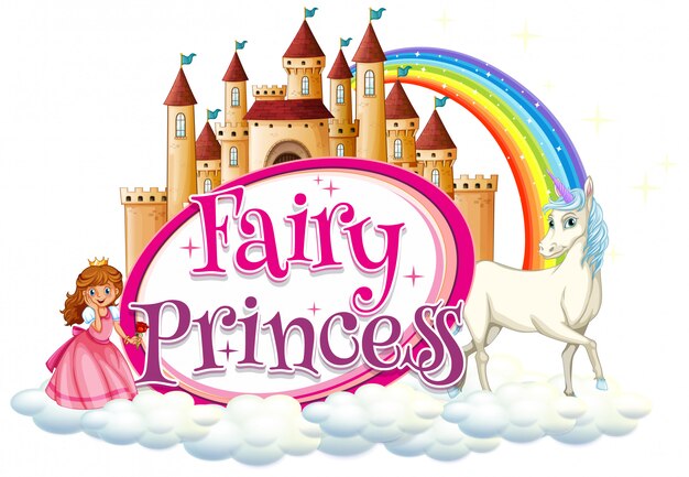 Diseño de fuente para la palabra princesa de hadas con unicornio y princesa