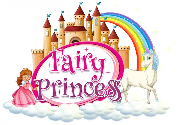 Diseño de fuente para la palabra princesa de hadas con unicornio y princesa