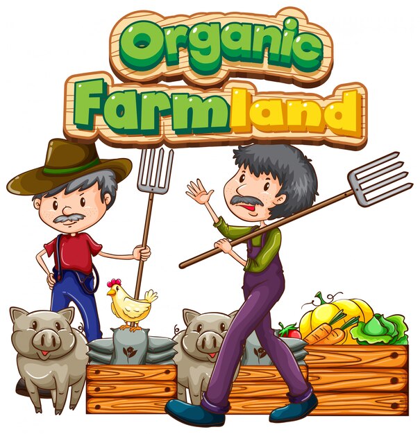Diseño de fuente con palabra tierra orgánica con granjeros y verduras.